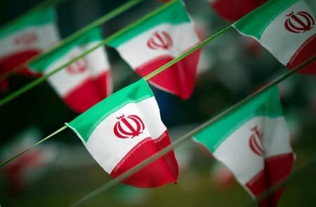 FILE PHOTO: Iran's national flags are seen on a square in Tehran February 10, 2012. REUTERS/Morteza Nikoubazl/File Photo