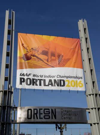 Mar 17, 2016; Portland, OR, USA; General view of the marquee at the Oregon Convention Center. The venue will play host to the 2016 IAAF World Championships in Athletics. Mandatory Credit: Kirby Lee-USA TODAY Sports