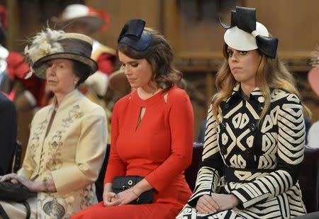 Britain's Princess Margaret (L), Princess Eugenie (C) and Princess Beatrice attend a reception at the Guildhall following a service of thanksgiving at St Paul's Cathedral for Queen Elizabeth's 90th birthday in London, Britain June 10, 2016. REUTERS/Hannah McKay/Pool