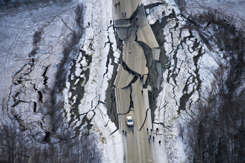 This aerial photo shows damage on Vine Road, south of Wasilla, Alaska, after earthquakes Friday, Nov. 30, 2018. (Photo: Marc Lester/Anchorage Daily News via AP)