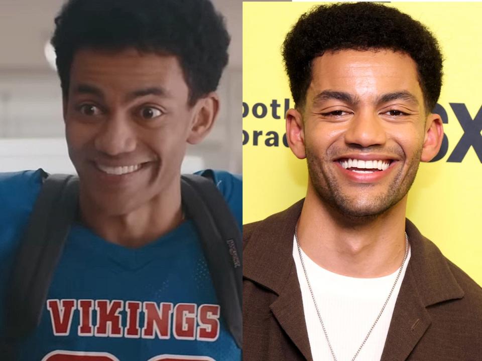 Left: Miles Fowler as Tim in "Bottoms." Right: Fowler in March 2023.