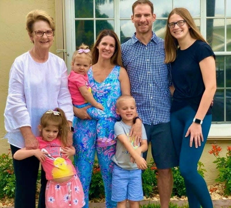 Brian and Julie Wolnewitz with Brian's mother, Christy, and their family: Emma, 18, twins Cooper and Presley, both 5, and Harper, 2. The family lives in Jupiter near where Brian and Julie grew up.