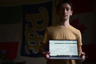 Amateur trader Manny Marotta holds his laptop in his apartment in Rocky River, Ohio, Wednesday, April 24, 2024. The legal writer from suburban Cleveland had been up about $4,000 on “put” options for Trump Media & Technology stock, purchased over the past few weeks. (AP Photo/David Dermer)