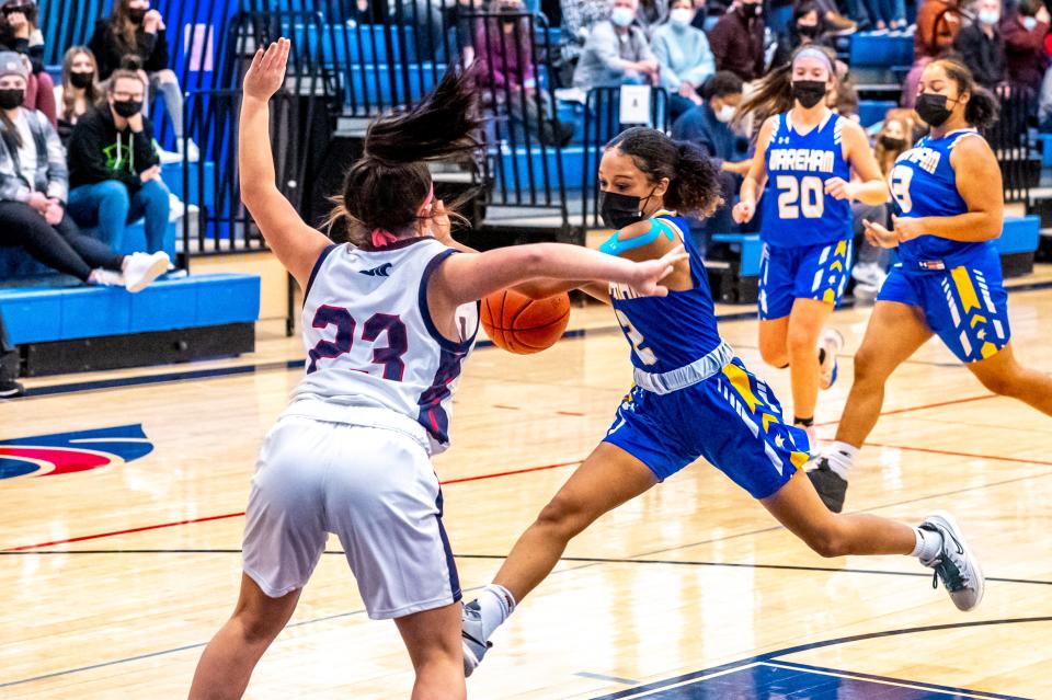 Wareham's Keira Pierre drives to the basket.