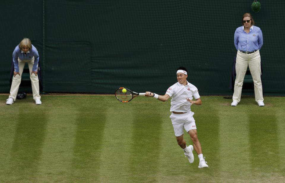 Britain Tennis - Wimbledon - All England Lawn Tennis & Croquet Club, Wimbledon, England - 30/6/16 Japan's Kei Nishikori in action against France's Julien Benneteau REUTERS/Andrew Couldridge