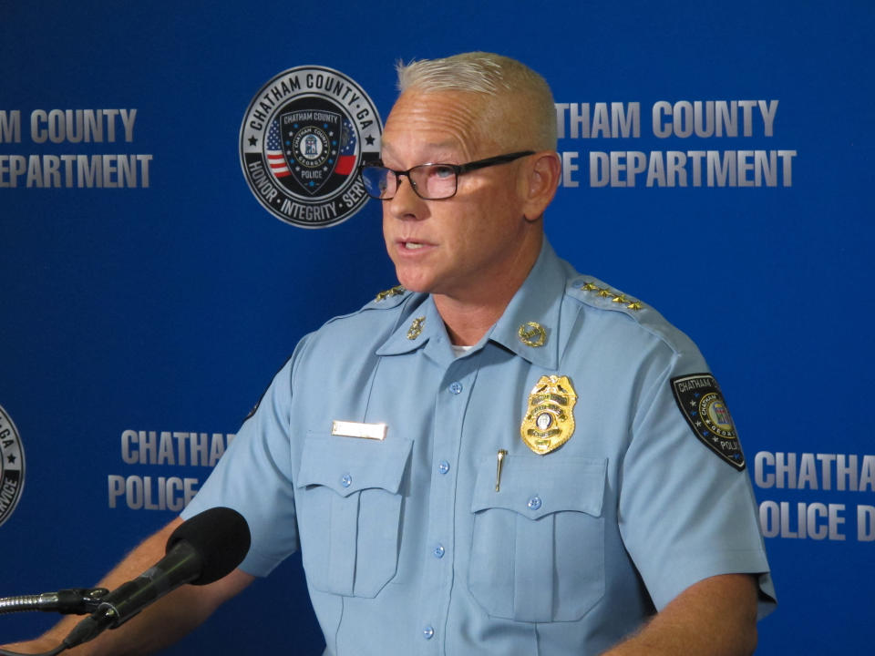 Chatham County Police Chief Jeff Hadley speaks to reporters in Savannah, Ga., on Thursday, Oct. 13, 2022, about the investigation into the suspected death of missing toddler Quinton Simon. Hadley said investigators believe the 20-month-old boy is dead based on interviews and evidence collected since the child was reported missing on Oct. 5. (AP Photo/Russ Bynum)
