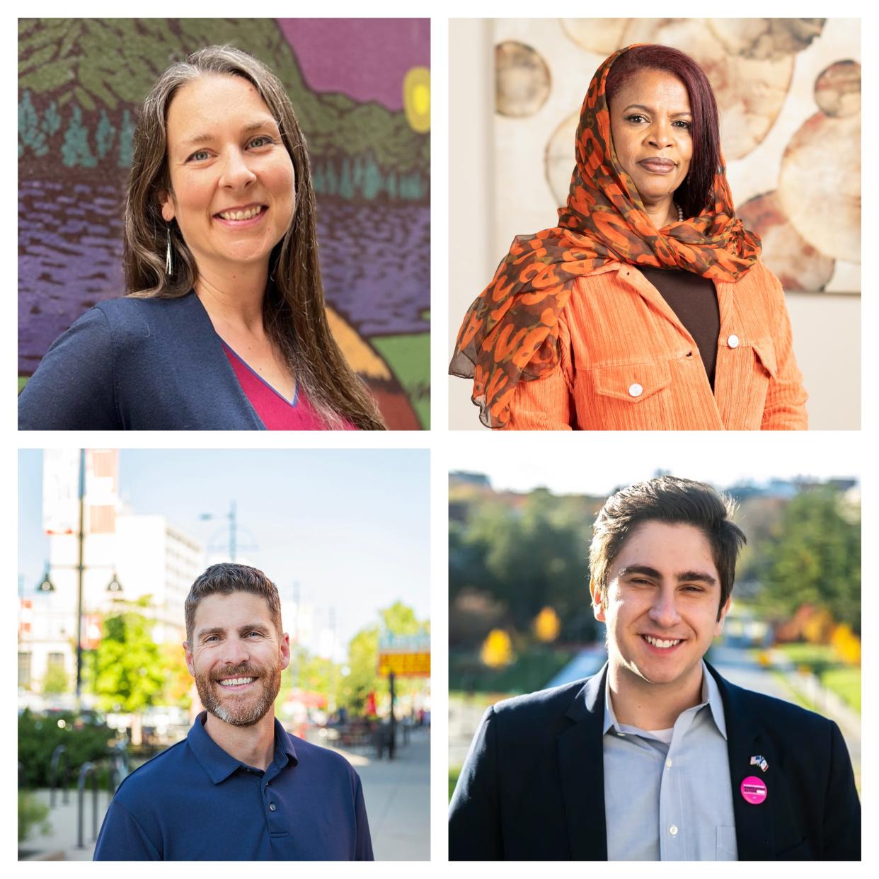From upper left, Laura Bergus, Mazahir Salih, Josh Moe and Andrew Dunn won seats in the Iowa City city council elections on Tuesday, Nov. 7, 2023.