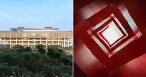 The photo collage shows the main branch of Tainan Public Library (left) and a red spiral staircase. (Courtesy of Main branch of Tainan Public Library)