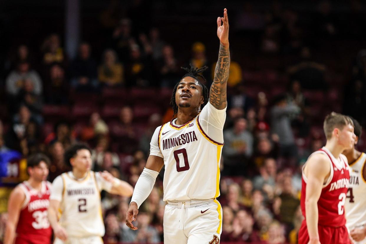 Minnesota Golden Gophers guard Elijah Hawkins (0) celebrates after forcing a turnover against the Indiana Hoosiers during the first half at Williams Arena.
