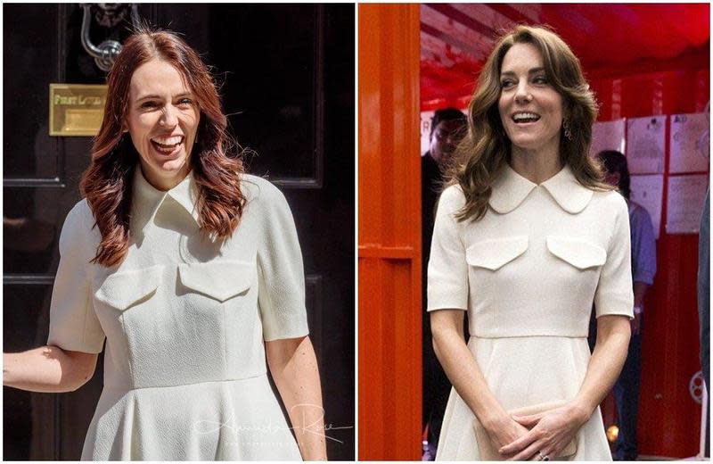 紐西蘭總理阿德恩出訪英國（左圖），衣著與凱特王妃（右圖）2016年的幾乎一模一樣。（翻攝Amanda Rose／sarahinroyal推特）