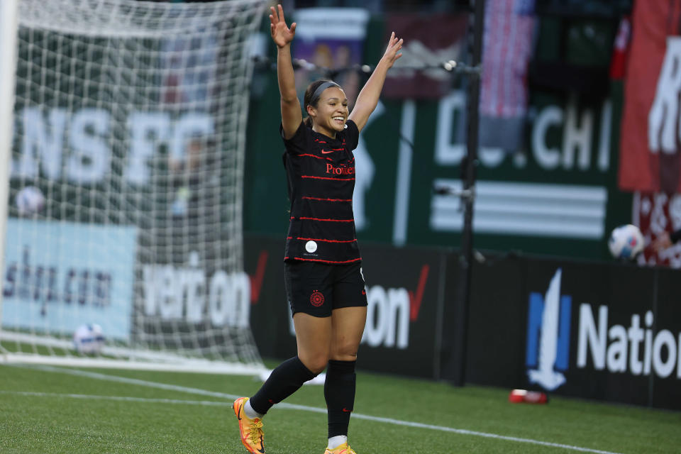 Portland Thorns FC forward Sophia Smith (9) celebrates her goal scored against the Washington Spirit during the second half at Providence Park.