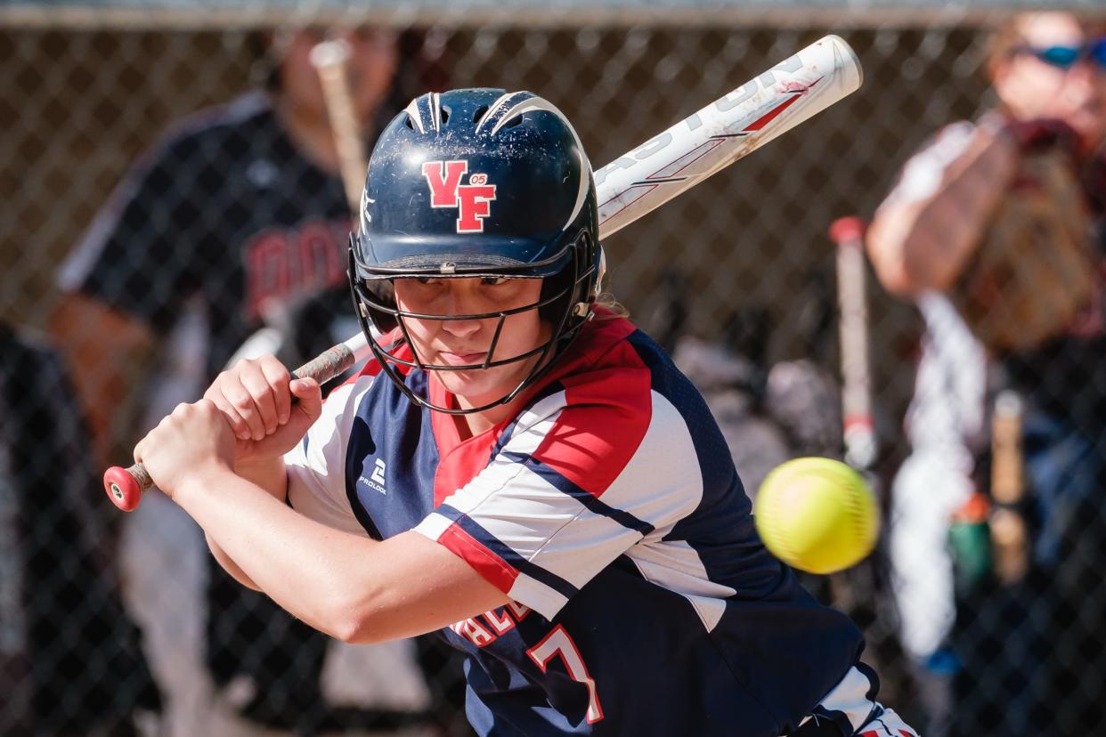 Indian Valley's Mia Rose watches a ball sail by  during the Division II District softball semifinal against Dover in Strasburg Monday.