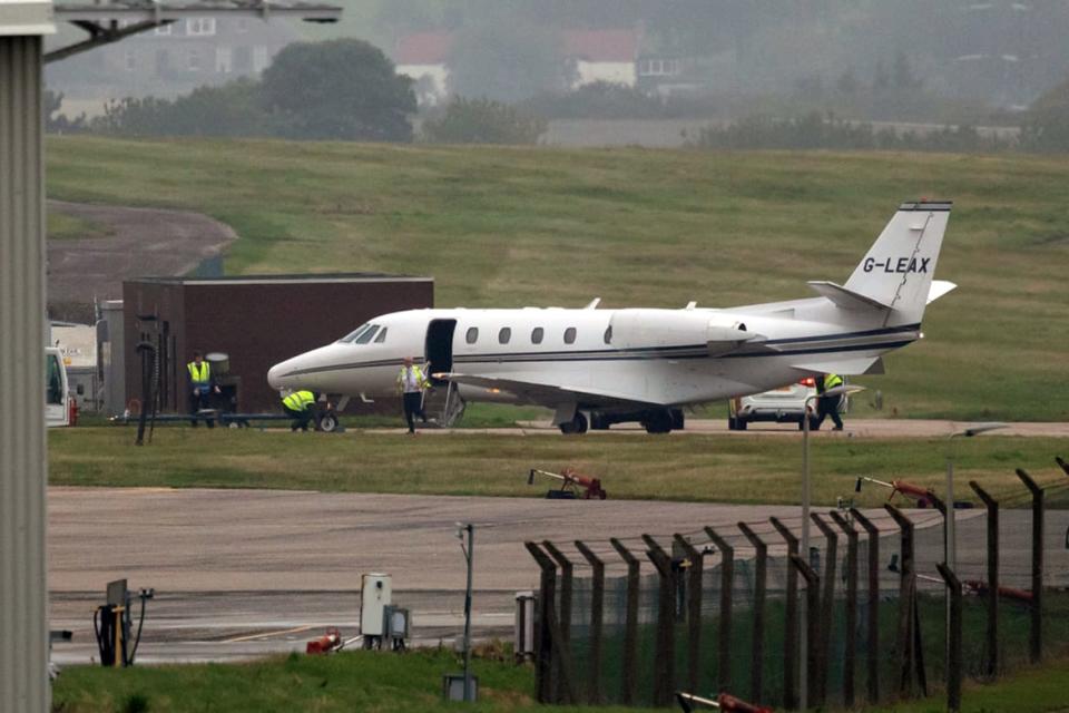 <div class="inline-image__caption"><p>An airplane carrying the Duke of Sussex arrives at Aberdeen Airport as Prince Harry travels to Balmoral Castle following the announcement of the death of Queen Elizabeth II.</p></div> <div class="inline-image__credit">Paul Campbell - PA Images/Getty</div>