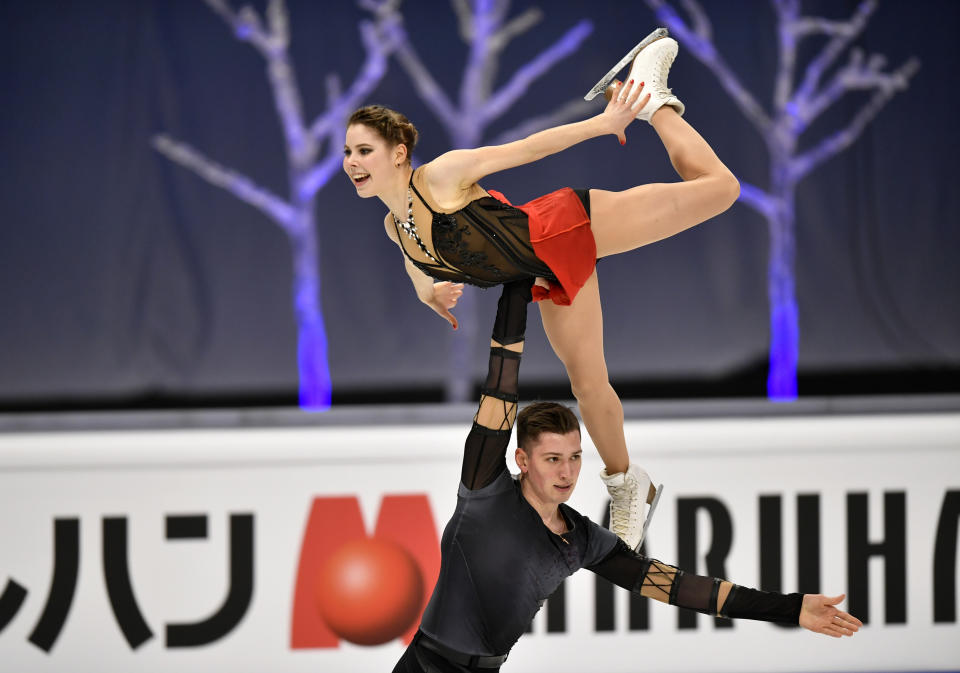 ussian pair Anastasia Mishina and Aleksandr Galliamov perform during the Pairs Short Program at the Figure Skating World Championships in Stockholm, Sweden, Wednesday, March 24, 2021. (AP Photo/Martin Meissner)