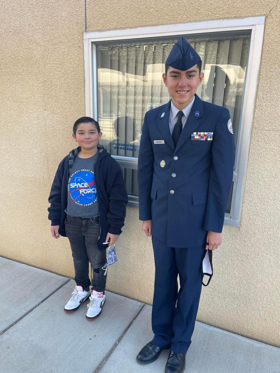 Student Carlos Andrade Jr. with his brother, Ivan Arostegui. Andrade is one of nearly 140 Space Force JROTC Cadets at the Academy for Academic Excellence in Apple Valley.