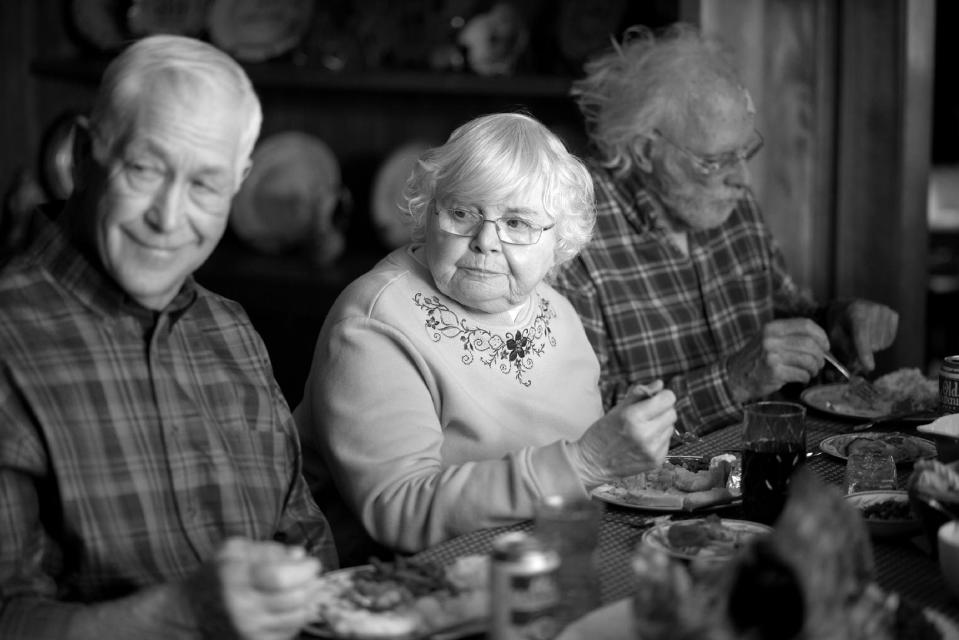 This image released by Paramount Pictures shows, from left, Dennis McCoig as Uncle Verne, June Squibb as Kate Grant and Bruce Dern as Woody Grant in a scene from the film "Nebraska." “Blue Jasmine,” “Nebraska” and “American Hustle” have been nominated for Writers Guild honors, continuing their imprint on Hollywood’s awards season. The three comedies gained nods on Friday, Jan. 3, 2014, for exceptional screen writing. (AP Photo/Paramount Pictures, Merie W. Wallace)