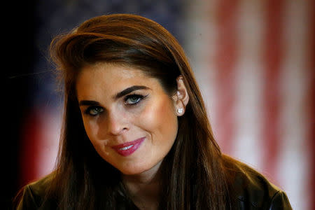 FILE PHOTO: Hope Hicks, communication director for U.S. Republican presidential candidate Donald Trump is pictured following a news conference at Trump Tower in the Manhattan borough of New York, U.S., May 31, 2016. REUTERS/Carlo Allegri/File Photo