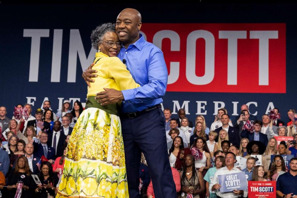 PHOTO: Republican presidential candidate Tim Scott hugs his mother Frances Scott after announcing his candidacy for president of the United States on the campus of Charleston Southern University in North Charleston, S.C., May 22, 2023. (Mic Smith/AP, FILE)