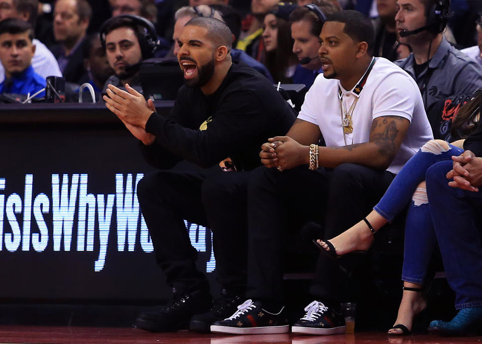 Drake had plenty of fun as the Raptors beat the Wizards 130-119 on Tuesday. (Getty Images)