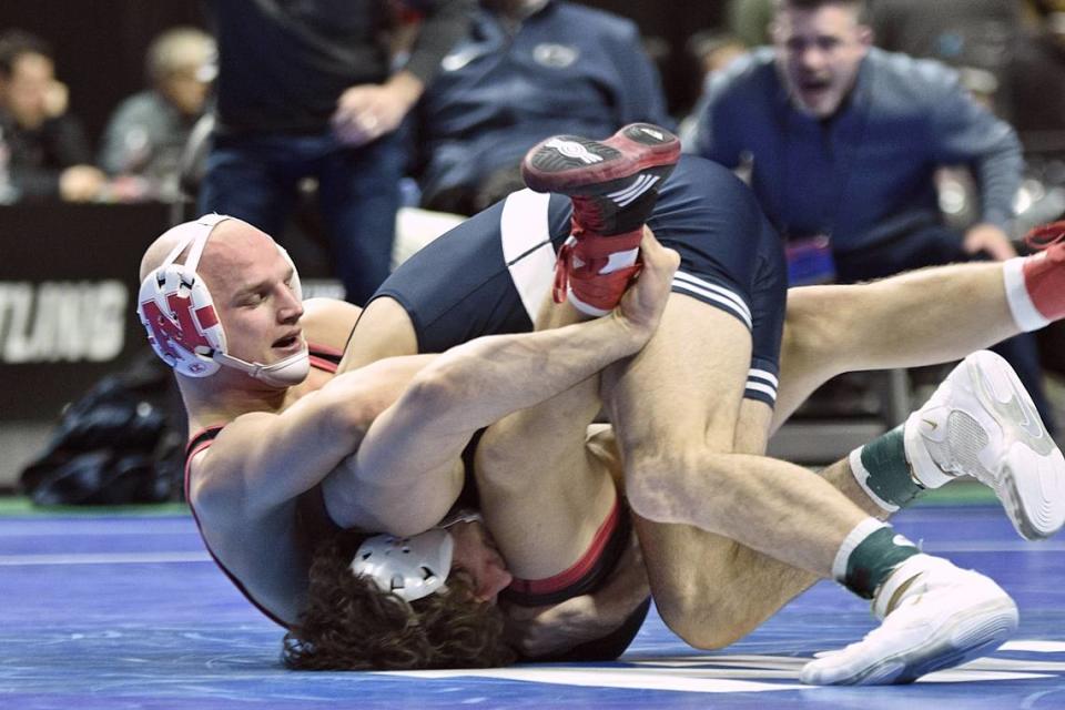 Penn State’s Levi Haines controls Nebraska’s Peyton Robb in their 157-pound semifinals match of the NCAA Championships on Friday, March 17, 2023 at the BOK Center in Tulsa, Okla. Haines beat Robb, 5-3.