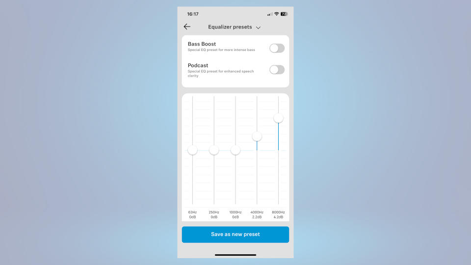Showing EQ settings for Accentum headphones on Sennheiser smart control app
