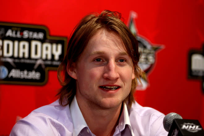 OTTAWA, ON - JANUARY 27: Team Alfredsson forward Steven Stamkos of the Tampa Bay Lightning speaks with the press during the 2012 NHL All-Star Game Player Media Availability at the Westin Ottawa on January 27, 2012 in Ottawa, Ontario, Canada. (Photo by Christian Petersen/Getty Images)