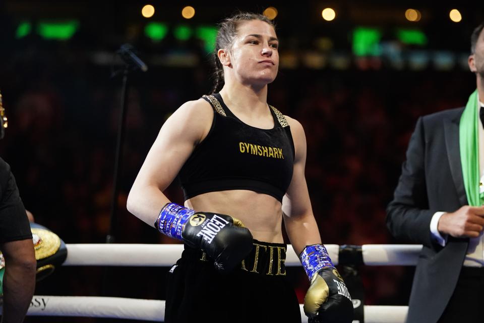 FILE - Ireland's Katie Taylor arrives for a lightweight championship boxing match against Amanda Serrano on April 30, 2022, in New York. Taylor and Claressa Shields have used their Olympic success as a springboard into the pro ranks — headlining cards, selling out big arenas and garnering more media attention to help push the women's game into the mainstream. (AP Photo/Frank Franklin II, File)