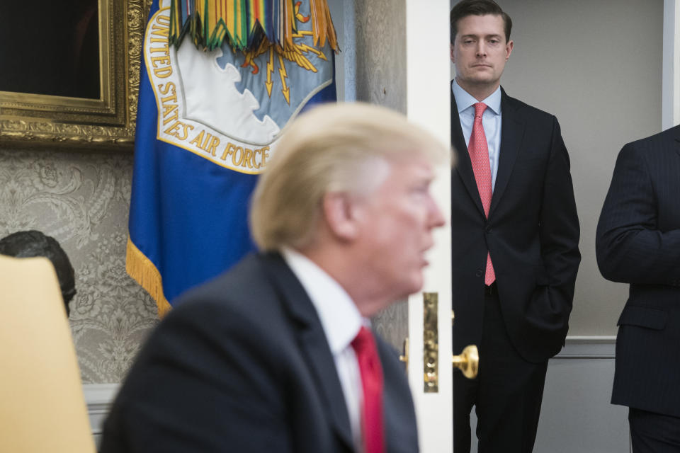 White House staff secretary Rob Porter watches President Trump speak during a meeting in the Oval Office last February. (Photo: Jabin Botsford/The Washington Post via Getty Images)
