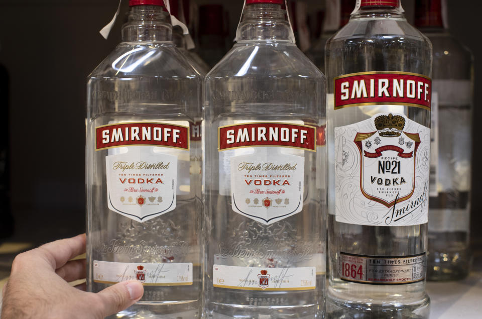 SPAIN - 2019/06/20: Bottles of British vodka brand Smirnoff  displayed for sale at the Carrefour supermarket in Spain. (Photo by Budrul Chukrut/SOPA Images/LightRocket via Getty Images)