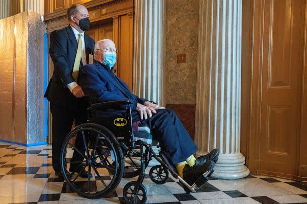 PHOTO: Senator Patrick Leahy is wheeled to an elevator from the Senate floor during amendment votes, also called the 'vote-a-rama', on the Inflation Reduct Act 2022, at the U.S. Capitol building in Washington, Aug. 7, 2022.  (Ken Cedeno/Reuters)