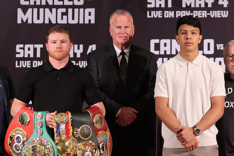 BEVERLY HILLS, CALIFORNIA - MARCH 19: Canelo Alvarez and Jaime Munguia pose for a photo during a news conference to preview their super middleweight fight at The Beverly Hills Hotel on March 19, 2024 in Beverly Hills, California. (Photo by Katelyn Mulcahy/Getty Images)