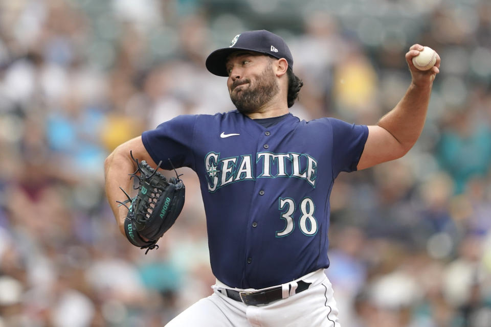 Seattle Mariners starting pitcher Robbie Ray throws against the New York Yankees during the first inning of a baseball game, Wednesday, Aug. 10, 2022, in Seattle. (AP Photo/Ted S. Warren)