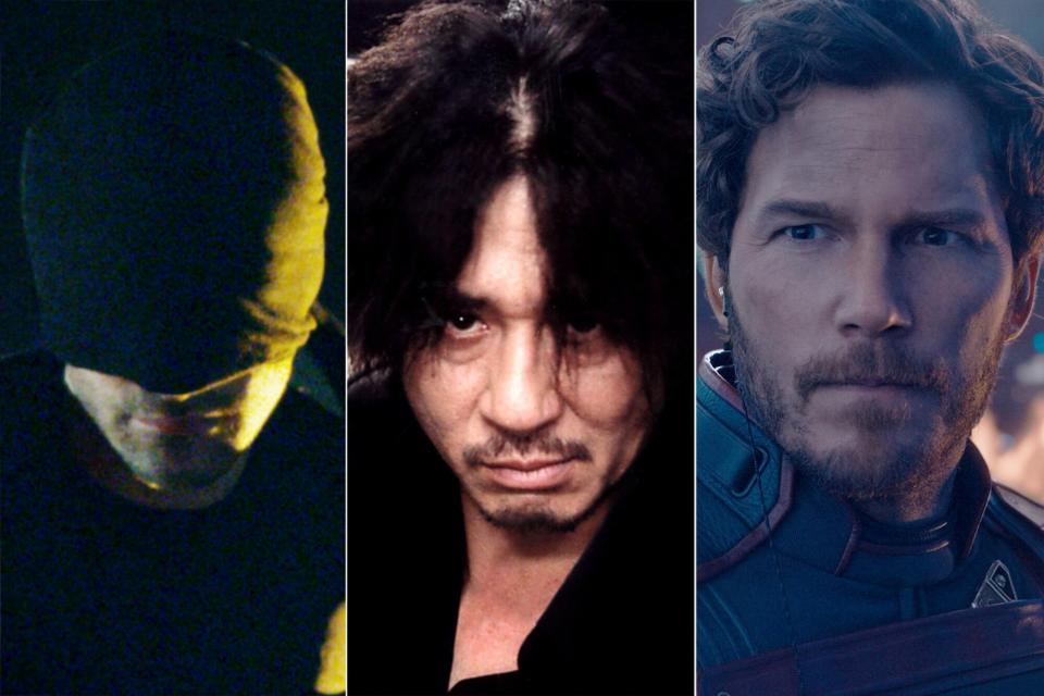 Charlie Cox in season 1 of 'Daredevil,' with the black outfit, Choi Min-sik in 'Oldboy,' holding a hammer, Chris Pratt in 'Guardians of the Galaxy 3'