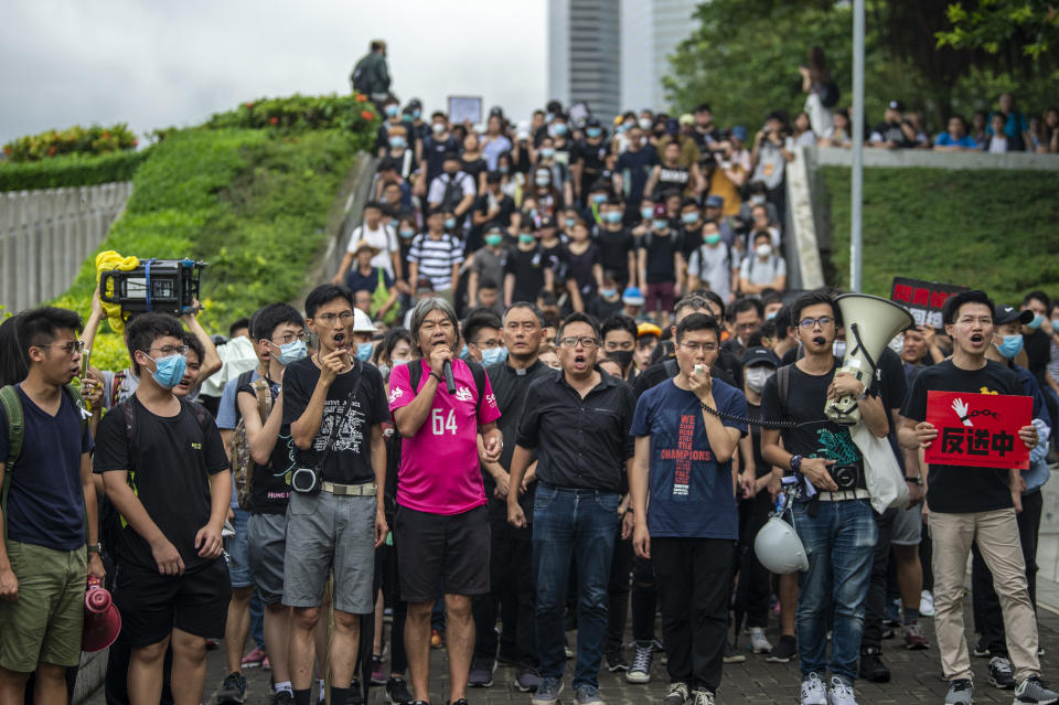 demonstrators march in Hong Kong, China. 17 June 2019. Hundreds of people surround the Chief Executive Office demanding Carrie Lam the cities leader to step down and the complete withdraw of the extradition bill. (Photo by Vernon Yuen/NurPhoto via Getty Images)