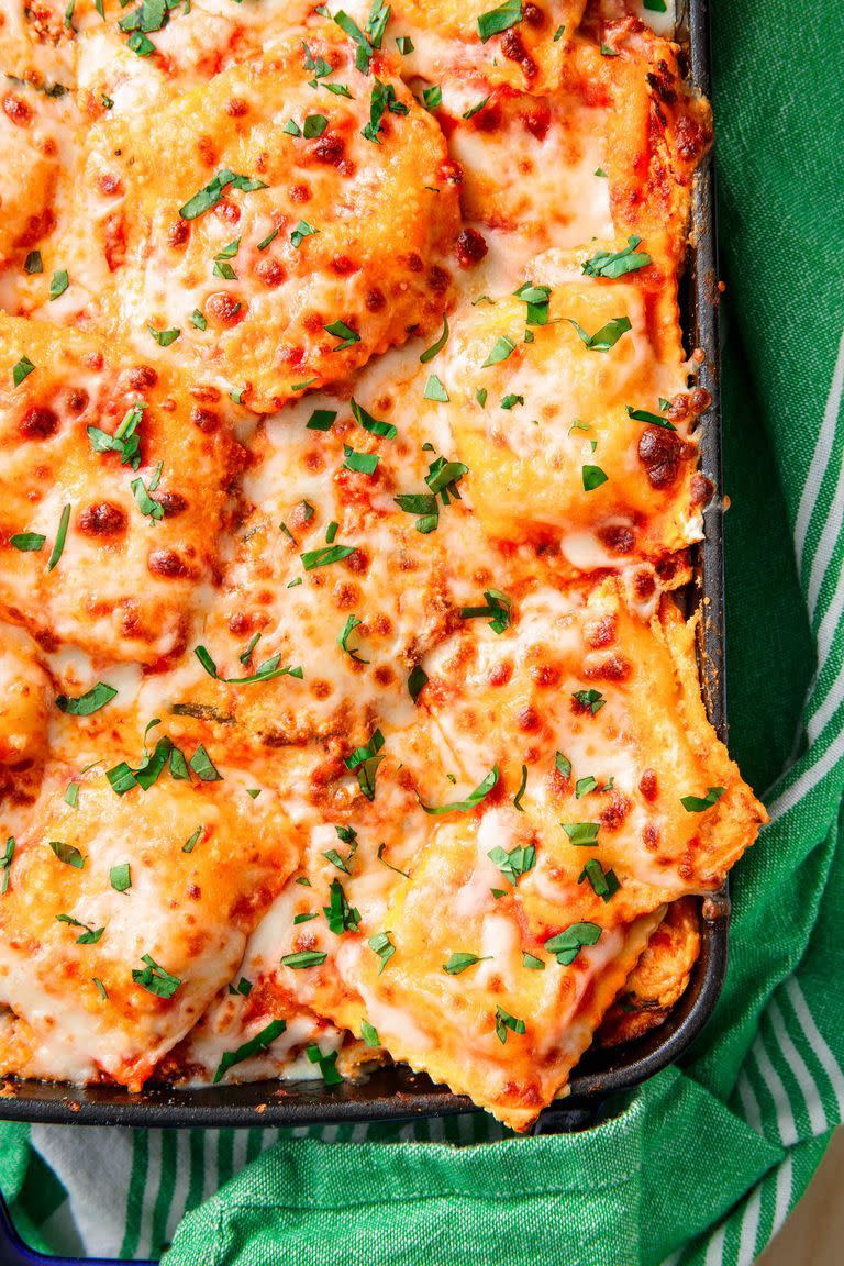 <p>Italian night is better when your two favourite pastas combine.</p><p>Get the <a href="https://www.delish.com/uk/cooking/recipes/a28831214/ravioli-lasagna-recipe/" rel="nofollow noopener" target="_blank" data-ylk="slk:Ravioli Lasagne;elm:context_link;itc:0;sec:content-canvas" class="link ">Ravioli Lasagne</a> recipe.</p>