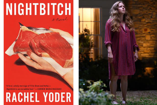 <p>Penguin Random House; Courtesy of Searchlight Pictures</p> The cover of 'Nightbitch' and Amy Adams in the film adaptation