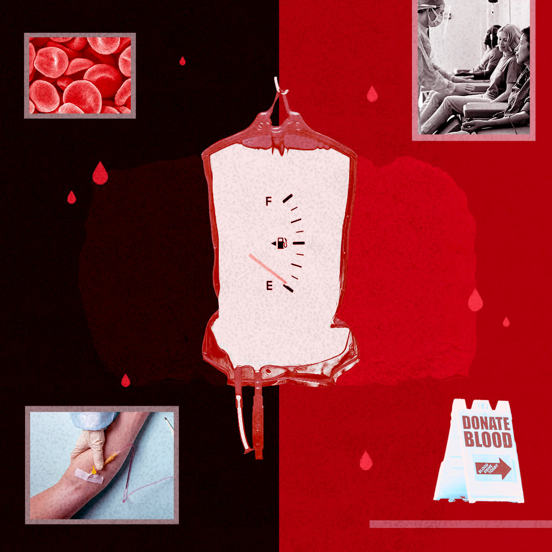 A red-and-black montage of blood-donation imagery, including a Donate Blood sign.