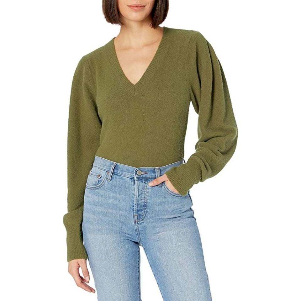 7) Edith Pleated Shoulder V-Neck Sweater