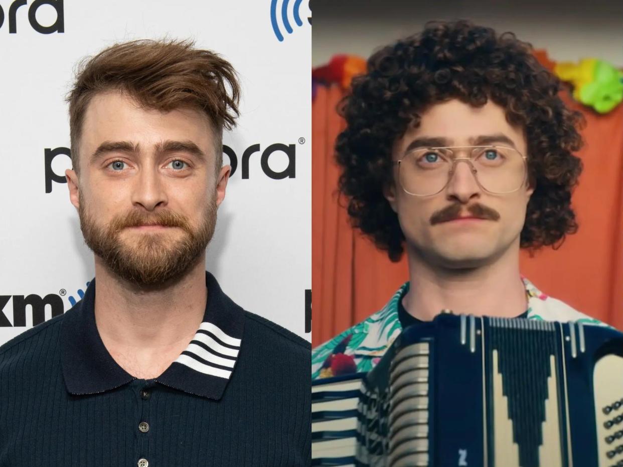 left: daniel radcliffe wearing a navy polo and standing on a red carpet, with a light mustache and beard and hair swept to the side; right: daniel radcliffe as weird al yankovic, with curly hair, a thick mustache, and glasses, holding an accordion