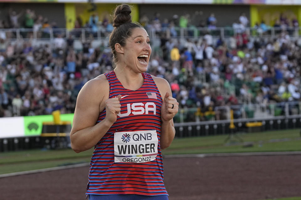 Silver medalist Kara Winger, of the United States, celebrates after the women's javelin throw at the World Athletics Championships on Friday, July 22, 2022, in Eugene, Ore. (AP Photo/Charlie Riedel)