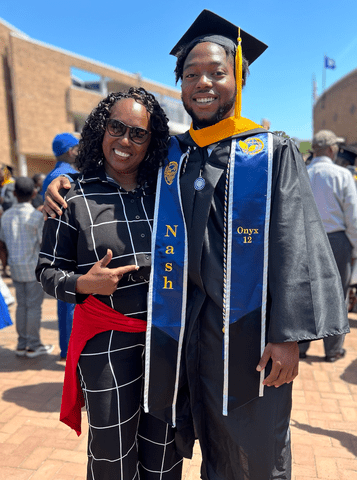 Mother (Vivian Nash) and son (Johnathan Nash) attend Johnathan's 2023 graduation from Hampton University.