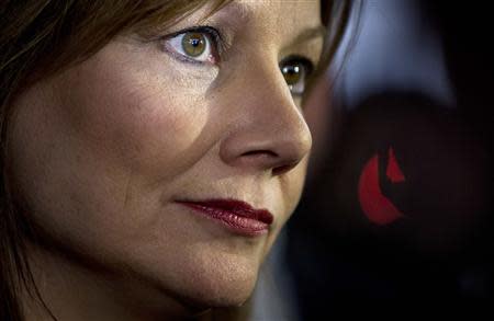 General Motors CEO Mary Barra speaks to the media following a launch event for new Chevrolet cars before the New York Auto Show in New York April 15, 2014. REUTERS/Carlo Allegri