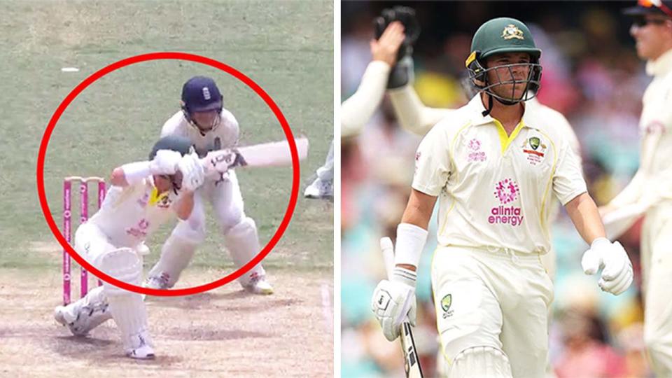 Marcus Harris (pictured right) walking off the field and (pictured left) playing a shot.