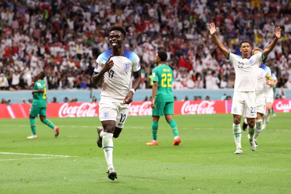 Bukayo Saka of England celebrates after scoring the team’s third goal (Getty Images)
