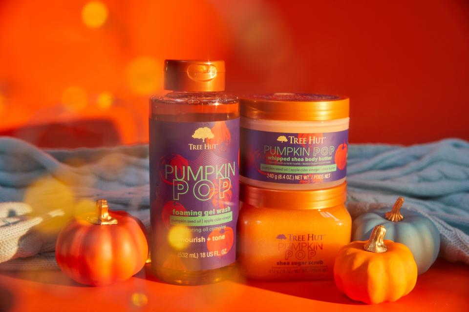 Skin care company Tree Hut's product line includes Pumpkin Pop Whipped Body Butter, Pumpkin Pop Shea Sugar Scrub and, new this season, Pumpkin Pop Foaming Gel Wash.