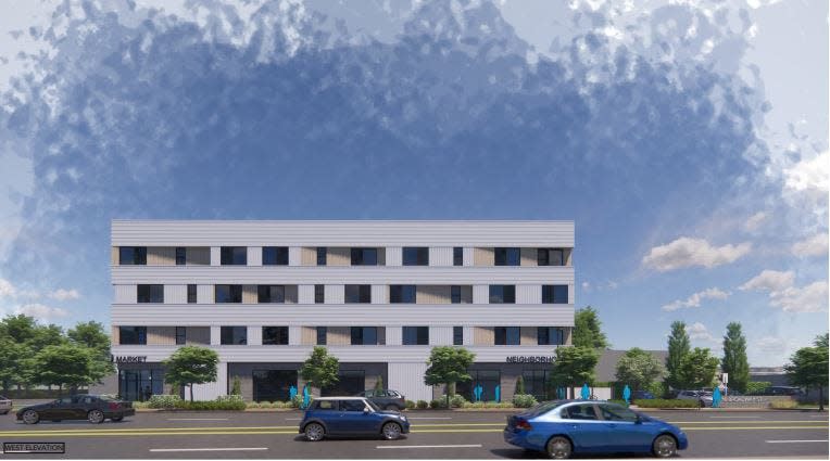 Renderings for the District 10 development in north Salem show a four-story mixed-use building with ground-floor commercial retail space and 22 apartments.