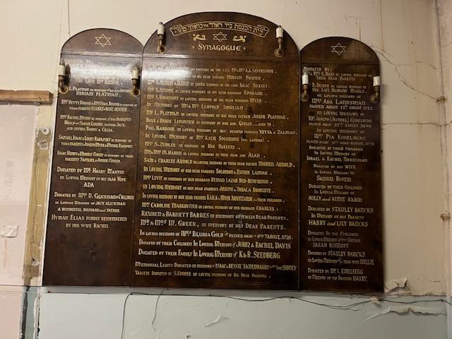 Inside the East London Central Synagogue, the plaque has the names of previous rabbis - Leon Silver is currently seeking to renovate the synagogue. (Credit: Rabina Khan)