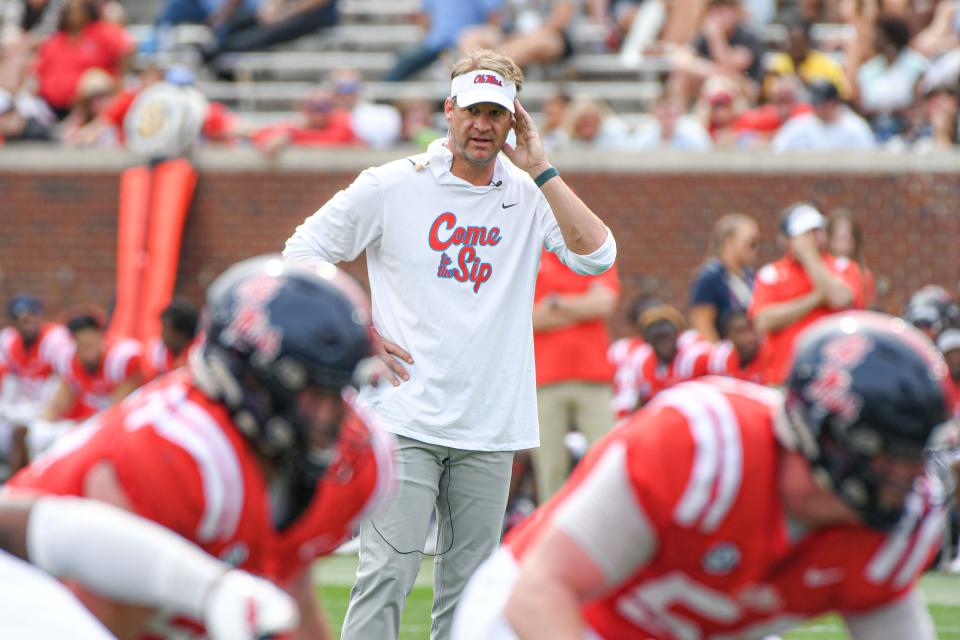 Head coach Lane Kiffin watches Ole Miss Grove Bowl at Vaught-Hemingway Stadium in Oxford, Miss. on Saturday, April 15, 2023.<br>Ole Miss Grove Bowl