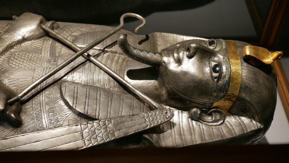 Solid silver sarcophagus of the ancient Egyptian Late period Pharaoh Psusennes I.