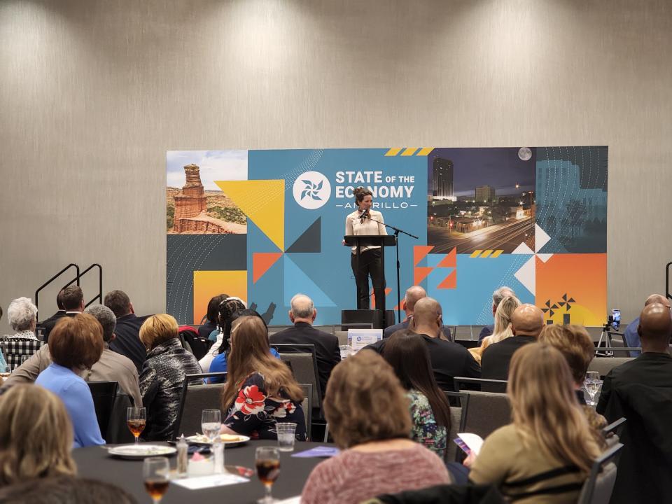 Amarillo Mayor Ginger Nelson welcomes those participating in the "State of the Economy" luncheon Wednesday in downtown Amarillo.